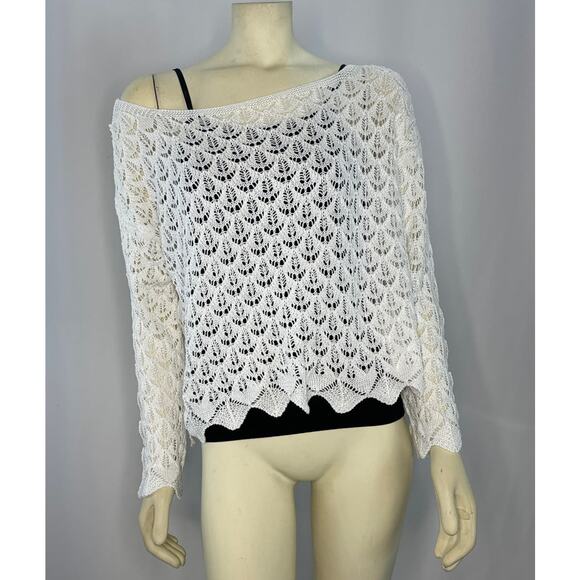 NWT CCK Style White Crochet crewneck with large sexy neck, scalloped size medium - Picture 1 of 12